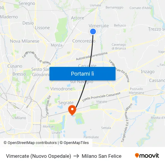 Vimercate (Nuovo Ospedale) to Milano San Felice map