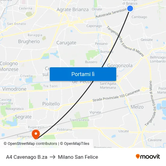A4 Cavenago B.za to Milano San Felice map
