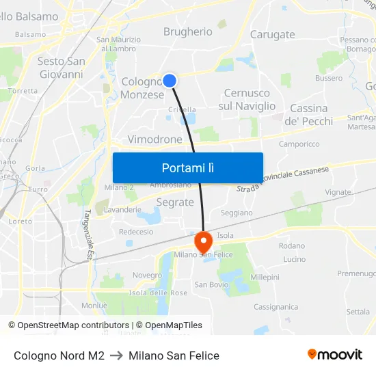 Cologno Nord M2 to Milano San Felice map