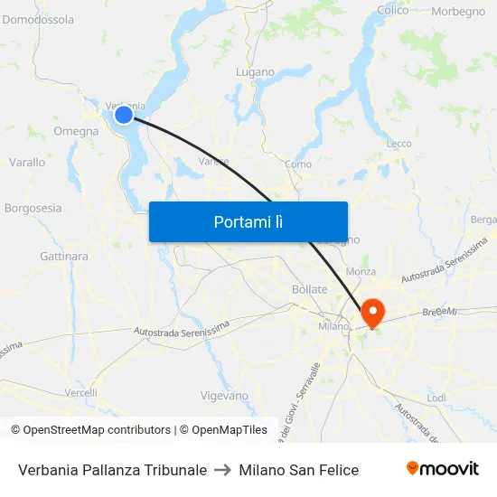 Verbania Pallanza Tribunale to Milano San Felice map