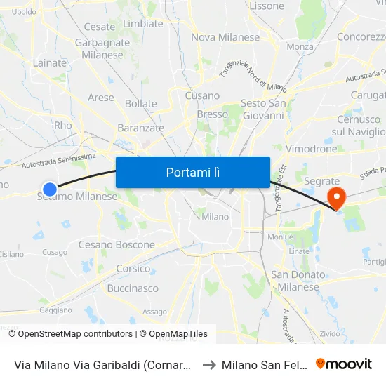 Via Milano Via Garibaldi (Cornaredo) to Milano San Felice map
