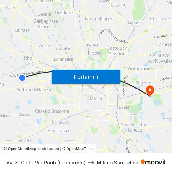 Via S. Carlo Via Ponti (Cornaredo) to Milano San Felice map