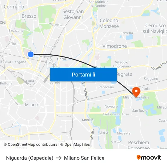 Niguarda (Ospedale) to Milano San Felice map