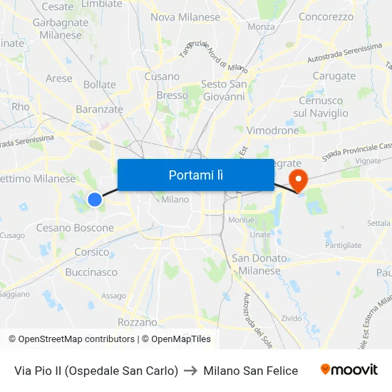 Via Pio II (Ospedale San Carlo) to Milano San Felice map