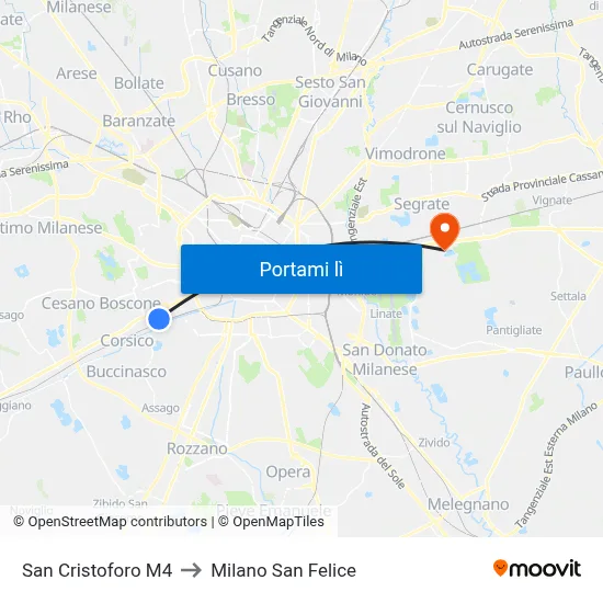 San Cristoforo M4 to Milano San Felice map