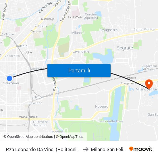 P.za Leonardo Da Vinci (Politecnico) to Milano San Felice map