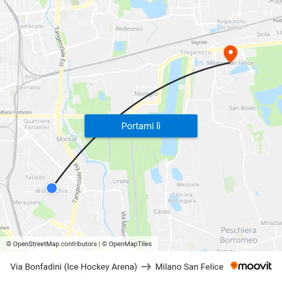 Via Bonfadini (Ice Hockey Arena) to Milano San Felice map