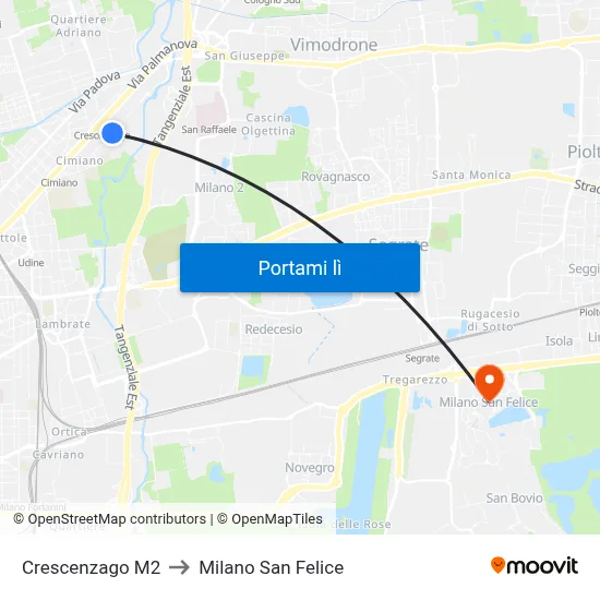 Crescenzago M2 to Milano San Felice map