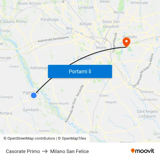 Casorate Primo to Milano San Felice map