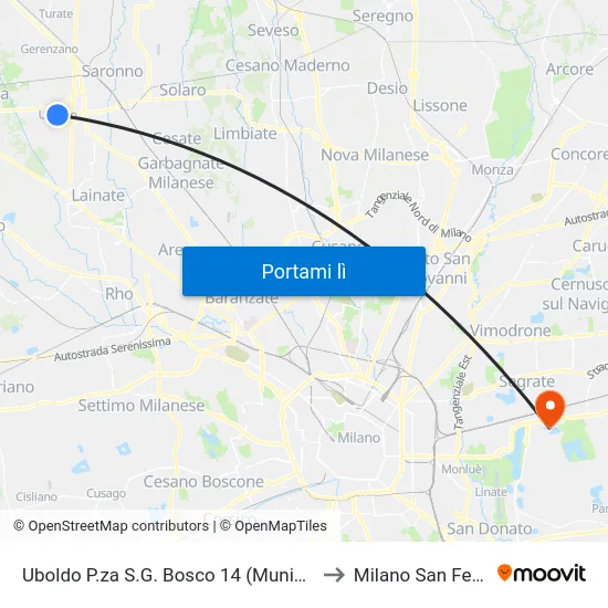 Uboldo P.za S.G. Bosco 14 (Municipio) to Milano San Felice map