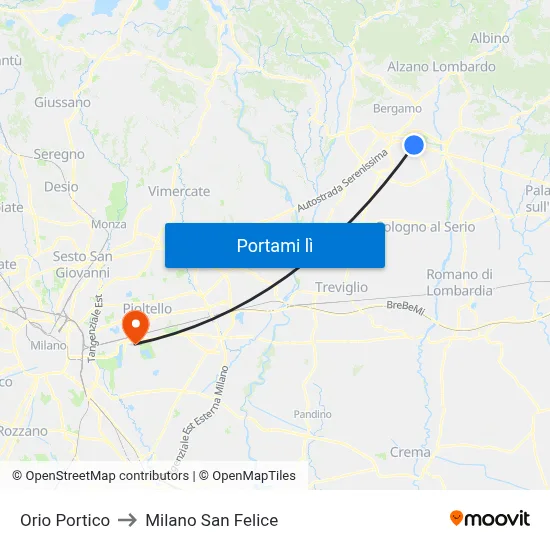 Orio Portico to Milano San Felice map