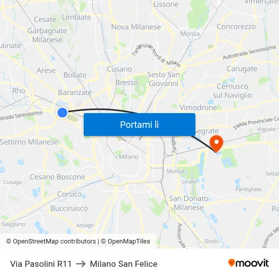 Via Pasolini R11 to Milano San Felice map