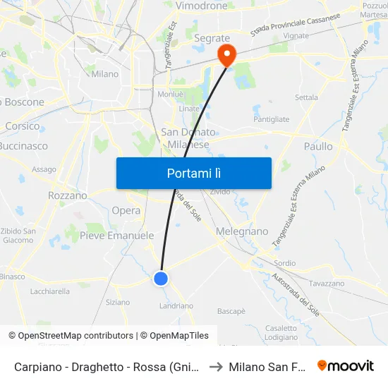Carpiano - Draghetto - Rossa (Gnignano) to Milano San Felice map