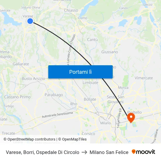 Varese, Borri, Ospedale Di Circolo to Milano San Felice map