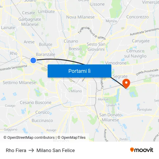 Rho Fiera to Milano San Felice map