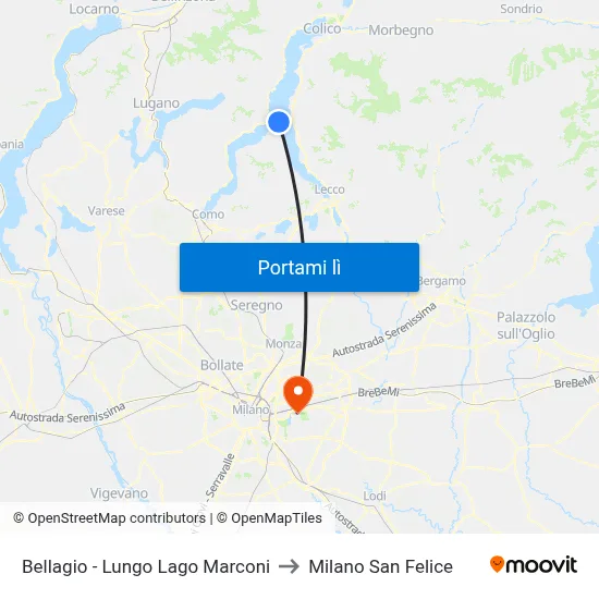 Bellagio - Lungo Lago Marconi to Milano San Felice map
