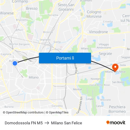 Domodossola FN M5 to Milano San Felice map
