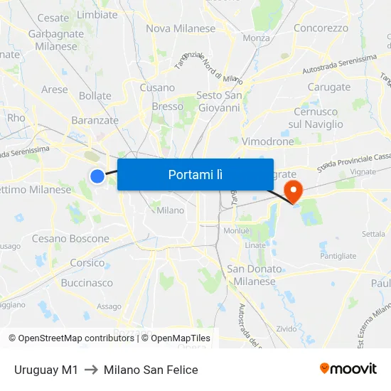 Uruguay M1 to Milano San Felice map