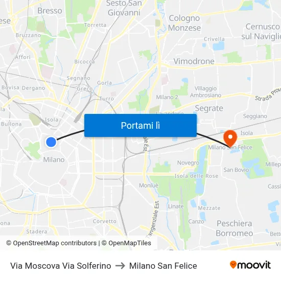 Via Moscova Via Solferino to Milano San Felice map