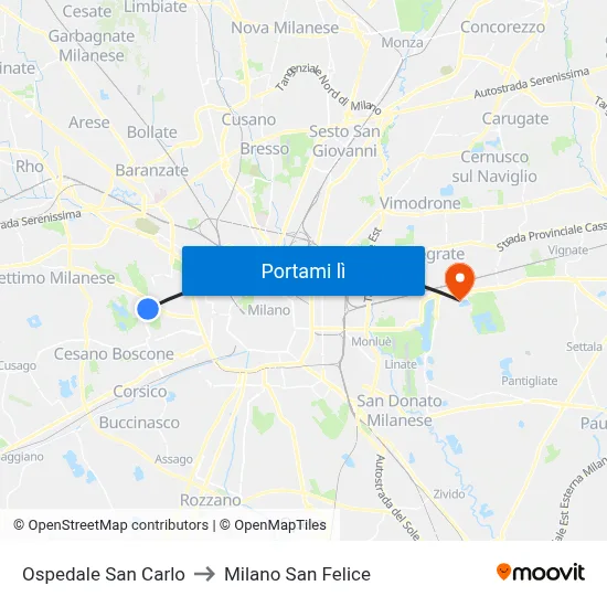 Ospedale San Carlo to Milano San Felice map