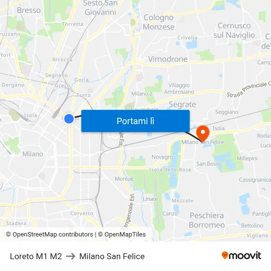 Loreto M1 M2 to Milano San Felice map