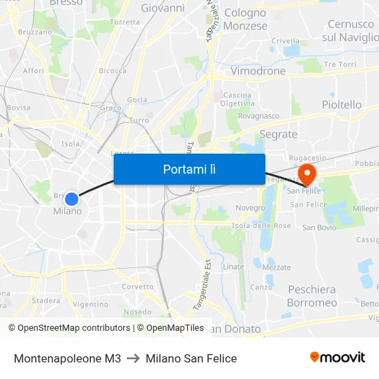 Montenapoleone M3 to Milano San Felice map