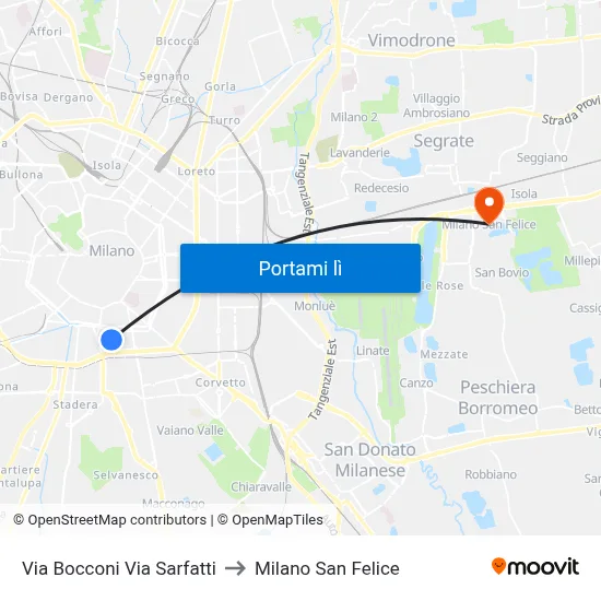 Via Bocconi Via Sarfatti to Milano San Felice map