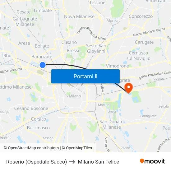 Roserio (Ospedale Sacco) to Milano San Felice map