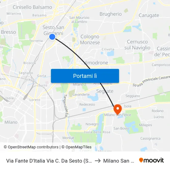 Via Fante D'Italia Via C. Da Sesto (Sesto S. G.) to Milano San Felice map