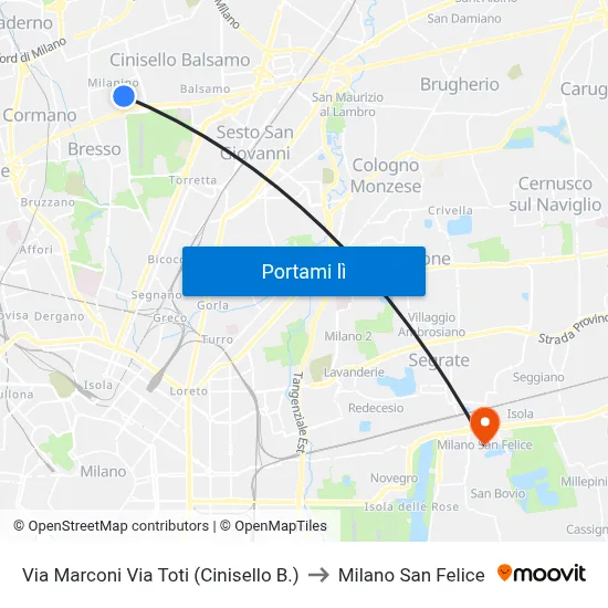 Via Marconi Via Toti (Cinisello B.) to Milano San Felice map