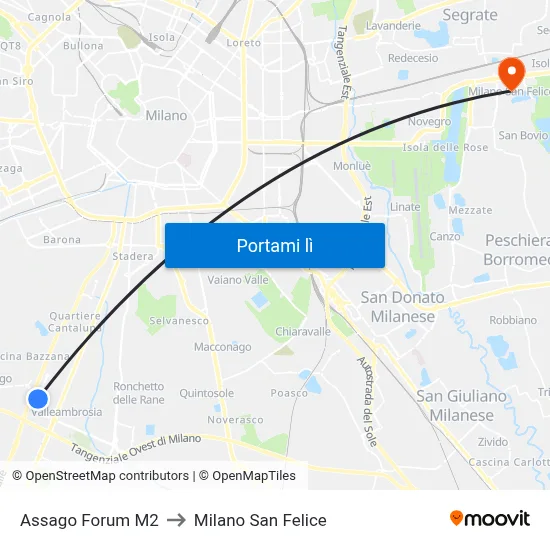 Assago Forum M2 to Milano San Felice map