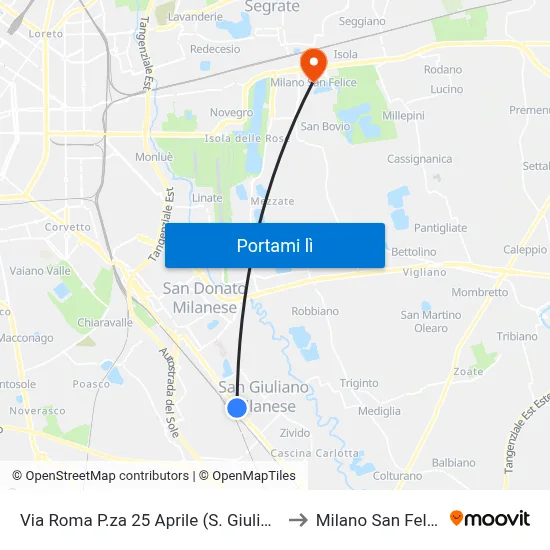 Via Roma P.za 25 Aprile (S. Giuliano) to Milano San Felice map