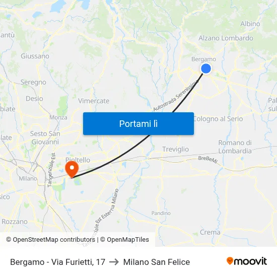 Bergamo - Via Furietti, 17 to Milano San Felice map