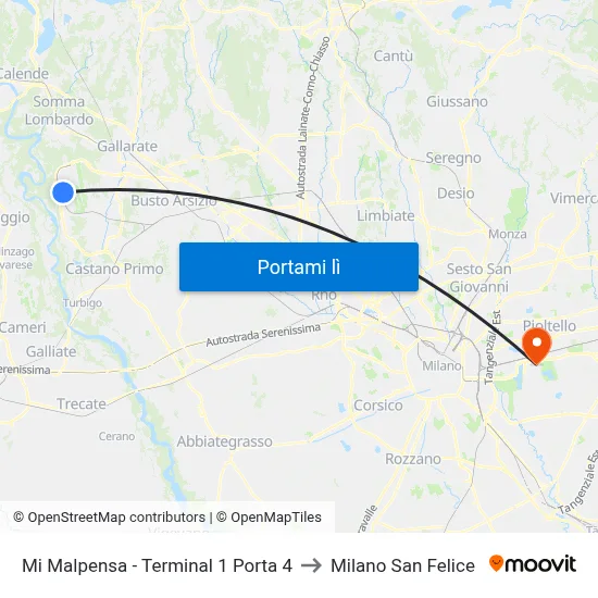 Mi Malpensa - Terminal 1 Porta 4 to Milano San Felice map