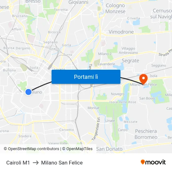 Cairoli M1 to Milano San Felice map