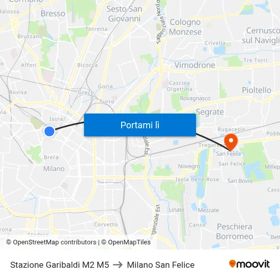 Stazione Garibaldi M2 M5 to Milano San Felice map