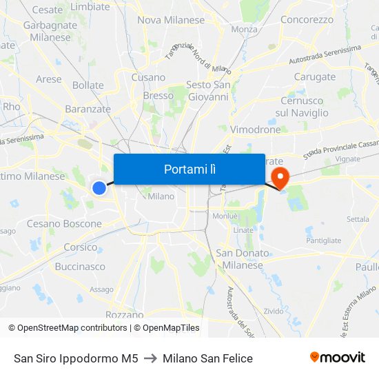 San Siro Ippodormo M5 to Milano San Felice map