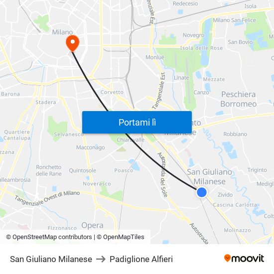 San Giuliano Milanese to Padiglione Alfieri map