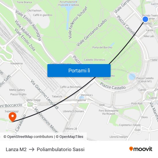 Lanza M2 to Poliambulatorio Sassi map