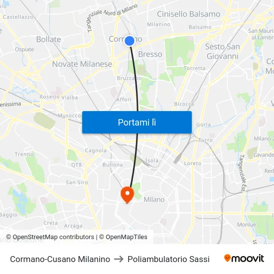 Cormano-Cusano Milanino to Poliambulatorio Sassi map