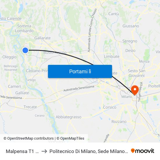 Malpensa T1 Arrivi to Politecnico Di Milano, Sede Milano Leonardo map