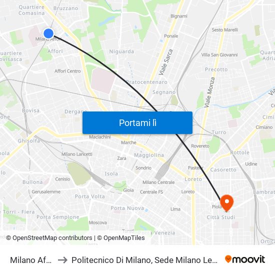 Milano Affori to Politecnico Di Milano, Sede Milano Leonardo map