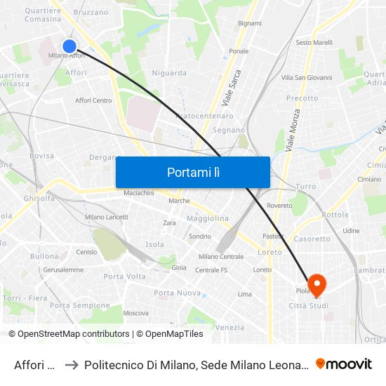 Affori FN to Politecnico Di Milano, Sede Milano Leonardo map