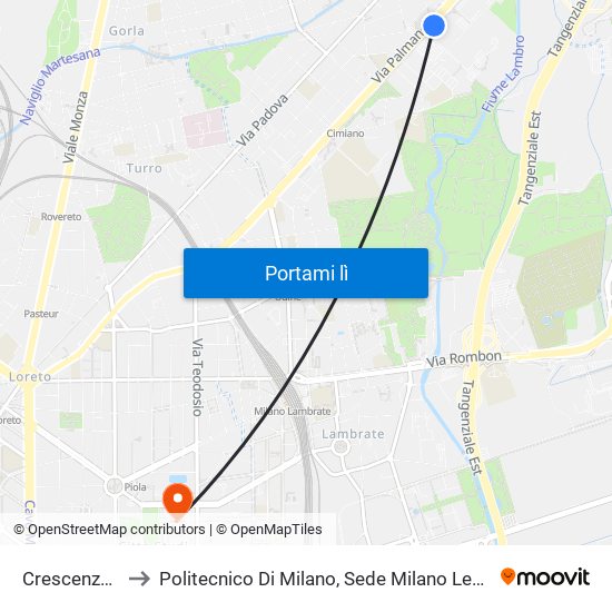 Crescenzago to Politecnico Di Milano, Sede Milano Leonardo map