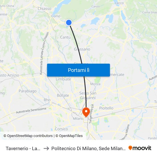 Tavernerio - Laghetto to Politecnico Di Milano, Sede Milano Leonardo map