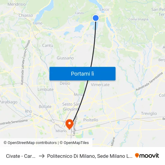 Civate - Cartiera to Politecnico Di Milano, Sede Milano Leonardo map