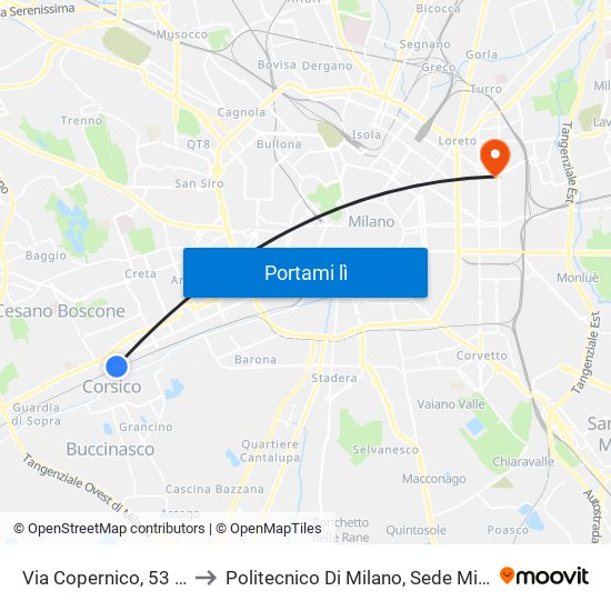 Via Copernico, 53 (Corsico) to Politecnico Di Milano, Sede Milano Leonardo map