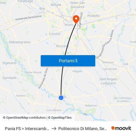 Pavia FS > Interscambio S13 R Rv Ic EC to Politecnico Di Milano, Sede Milano Leonardo map