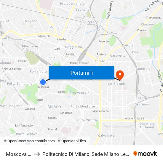 Moscova M2 to Politecnico Di Milano, Sede Milano Leonardo map