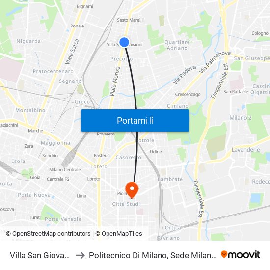 Villa San Giovanni M1 to Politecnico Di Milano, Sede Milano Leonardo map